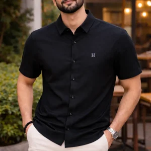 Black Dry Fit Full Button T-Shirt For Men's Summer Wear